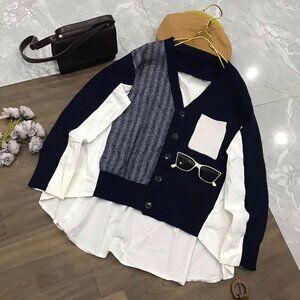 Navy Knit Cardigan White Shirt Fake Two Piece Layer Top